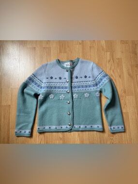 Vintage Tally Ho Spring 100% Wool Sweater Green Purple Cardigan Floral Striped